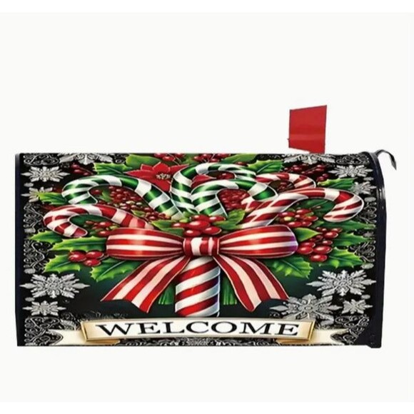 Magnetic Mailbox cover 21x18in Polyester Welcome Candy Cane and Bow NEW - Picture 2 of 3